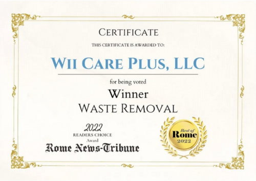 Certificate for WHI Care Plus, LLC as 2022 Rome News-Tribune Winner for waste removal, with gold seal.
