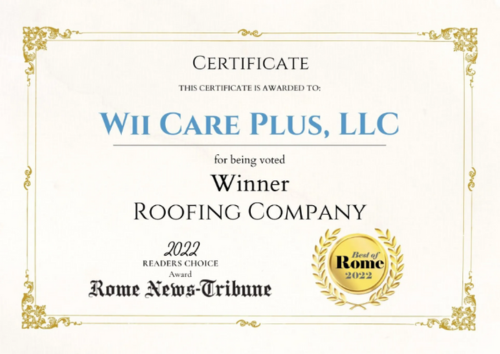 Certificate for Wii Care Plus, LLC, winner of 2022 Roofing Company award from Rome News-Tribune.