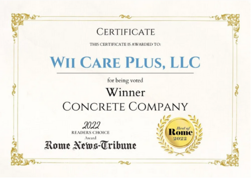 Certificate for Wi Care Plus, LLC as 2022 Winner in the Concrete Company category, Rome News-Tribune