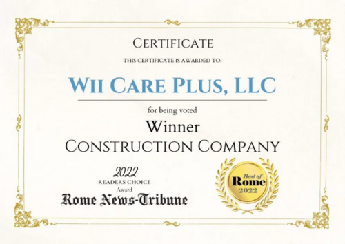 Certificate recognizing WII Care Plus, LLC as 2022 Winner Construction Company from Rome News-Tribune
