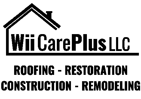Wii Care Plus LLC logo with roof icon and text: roofing, restoration, construction, remodeling