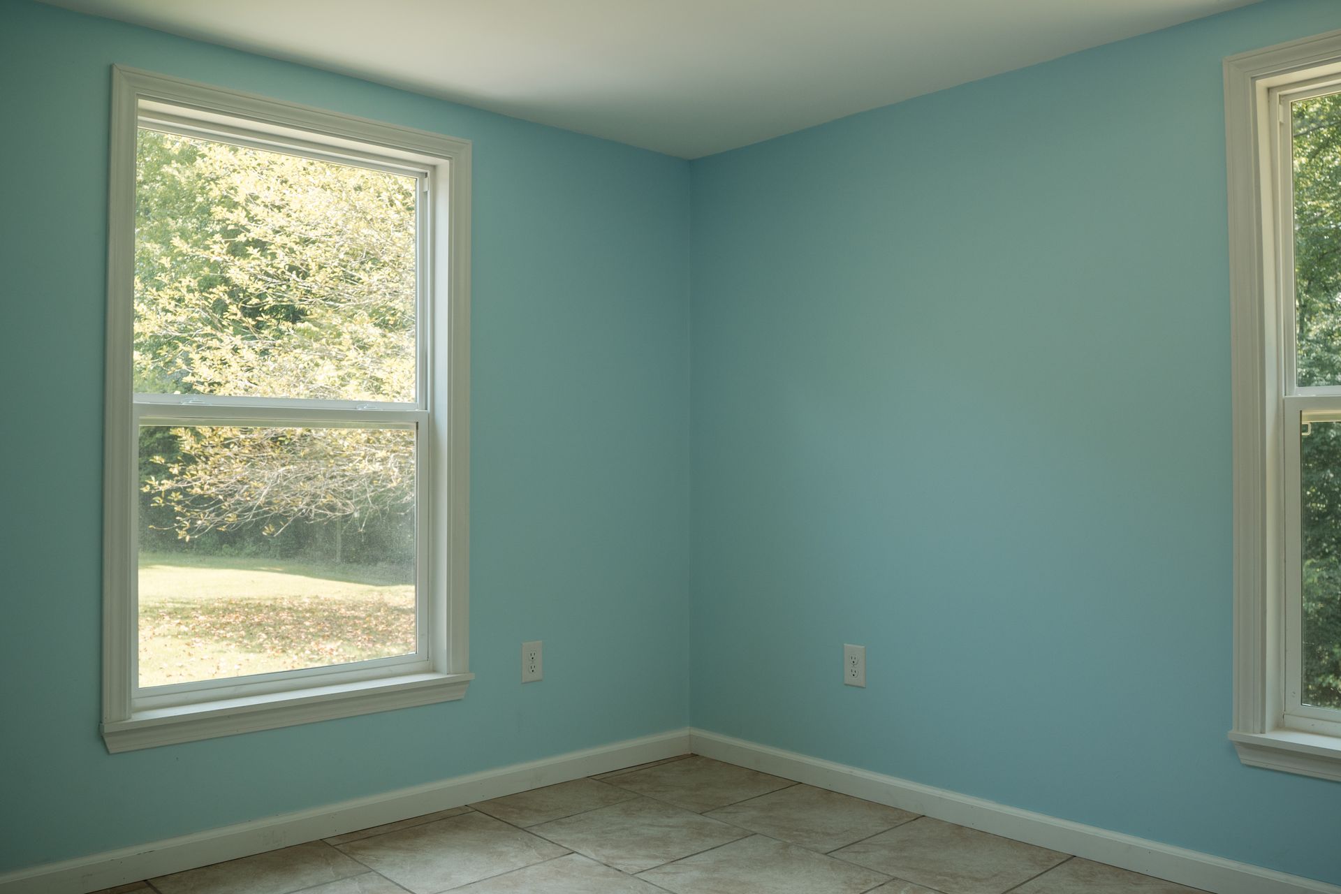 Empty light-blue bedroom with two windows and carpeted floor