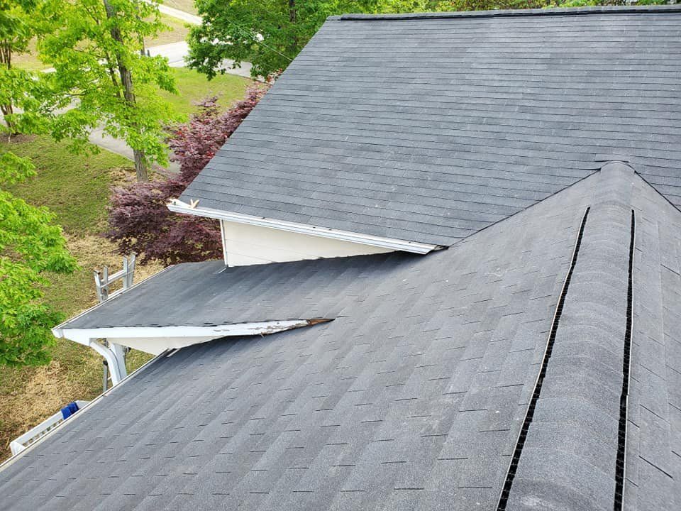 Two gray shingled roof sections on a house, with trees and greenery in the background