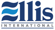 Ellis International logo in blue with stylized waves and serif lettering