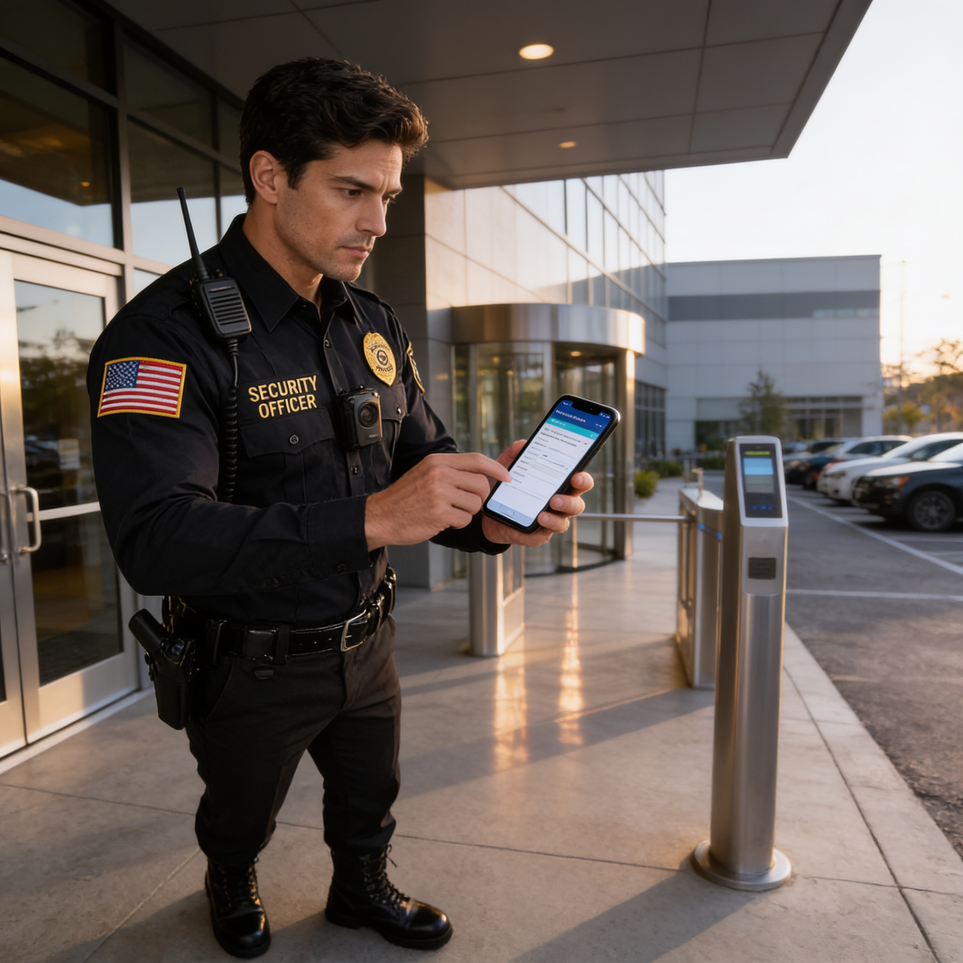 Security officer in black uniform using a smartphone outside a building entrance.