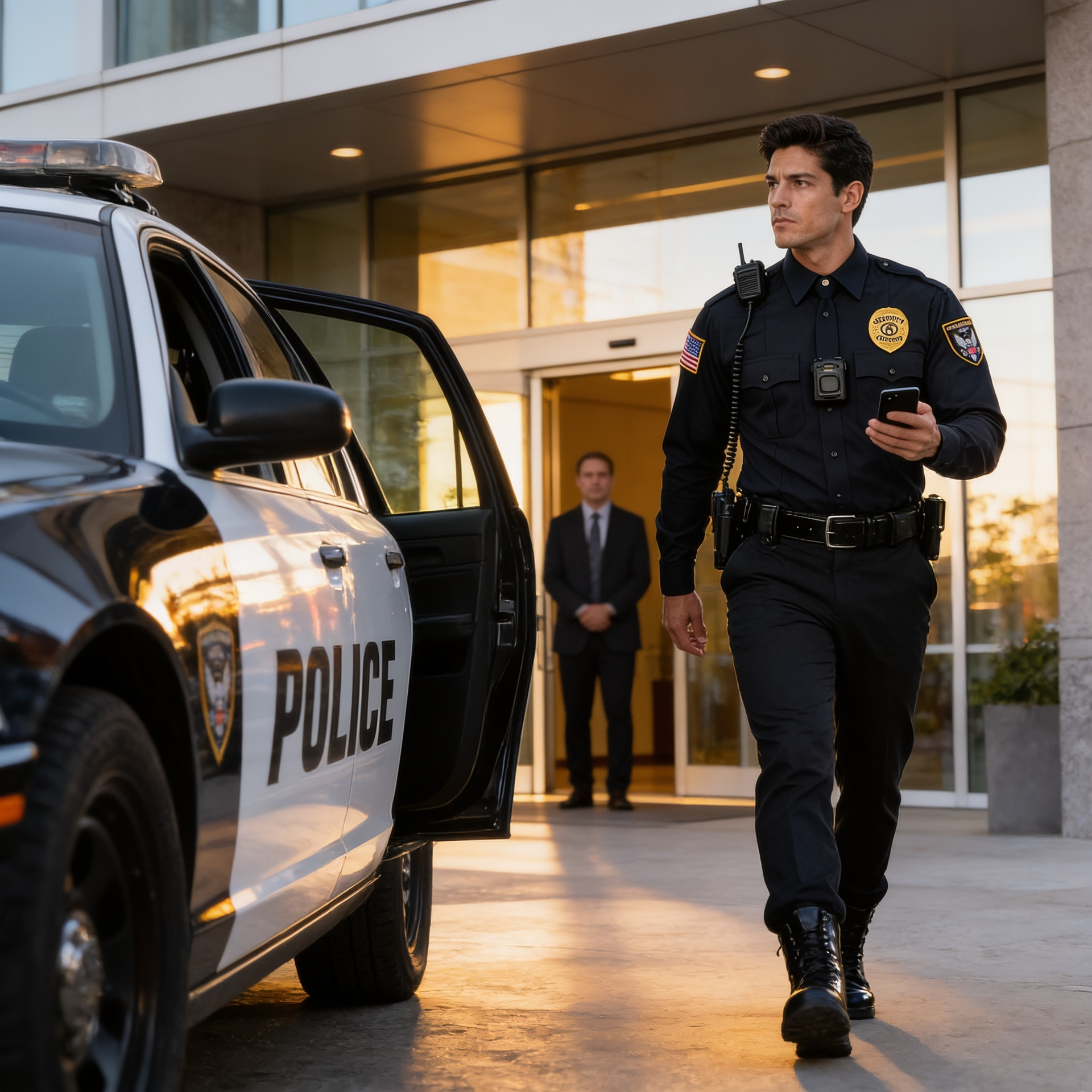 Police officer walking beside a black-and-white patrol car outside a building entrance