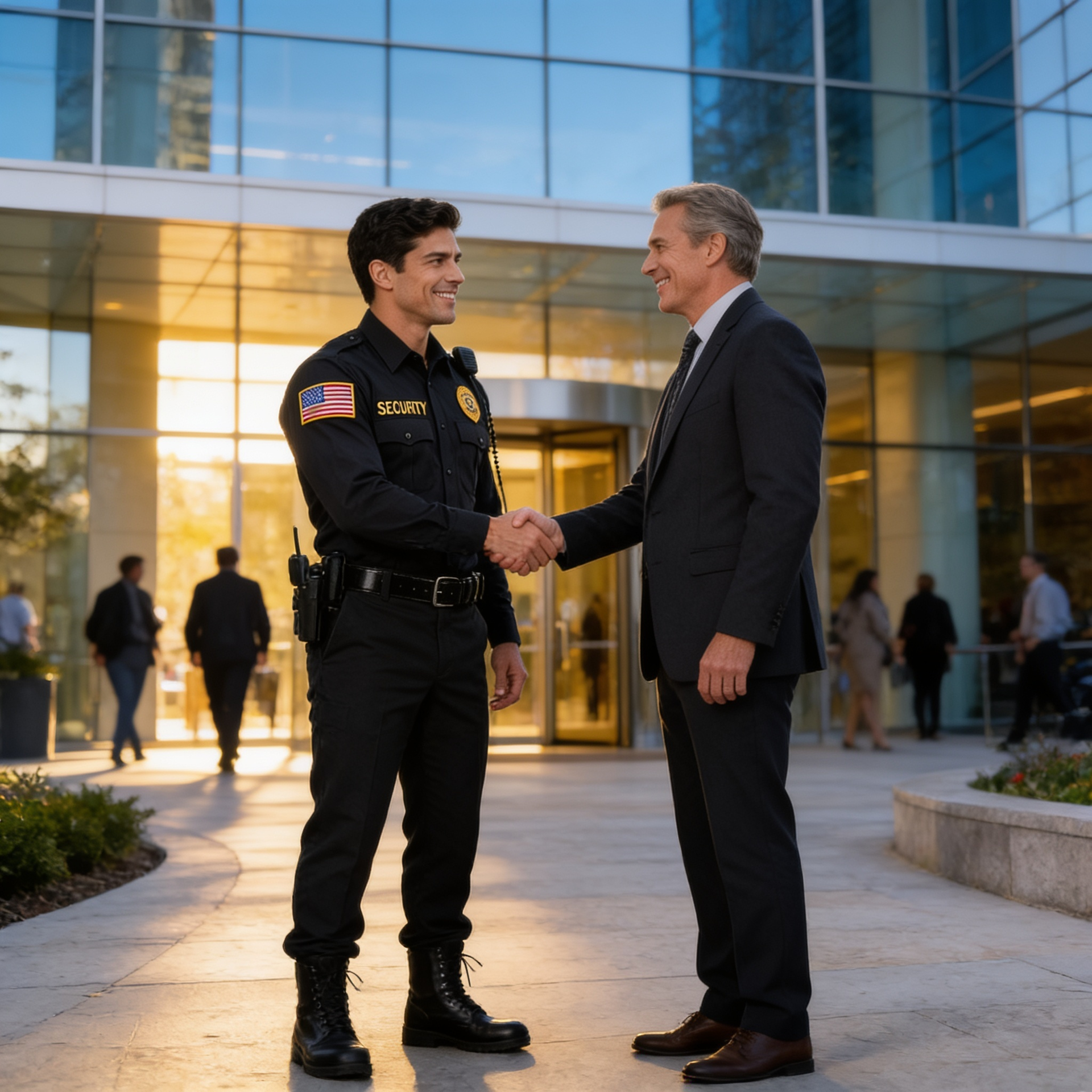 Uniformed officer and suited man shake hands outside a glass office building at dusk.