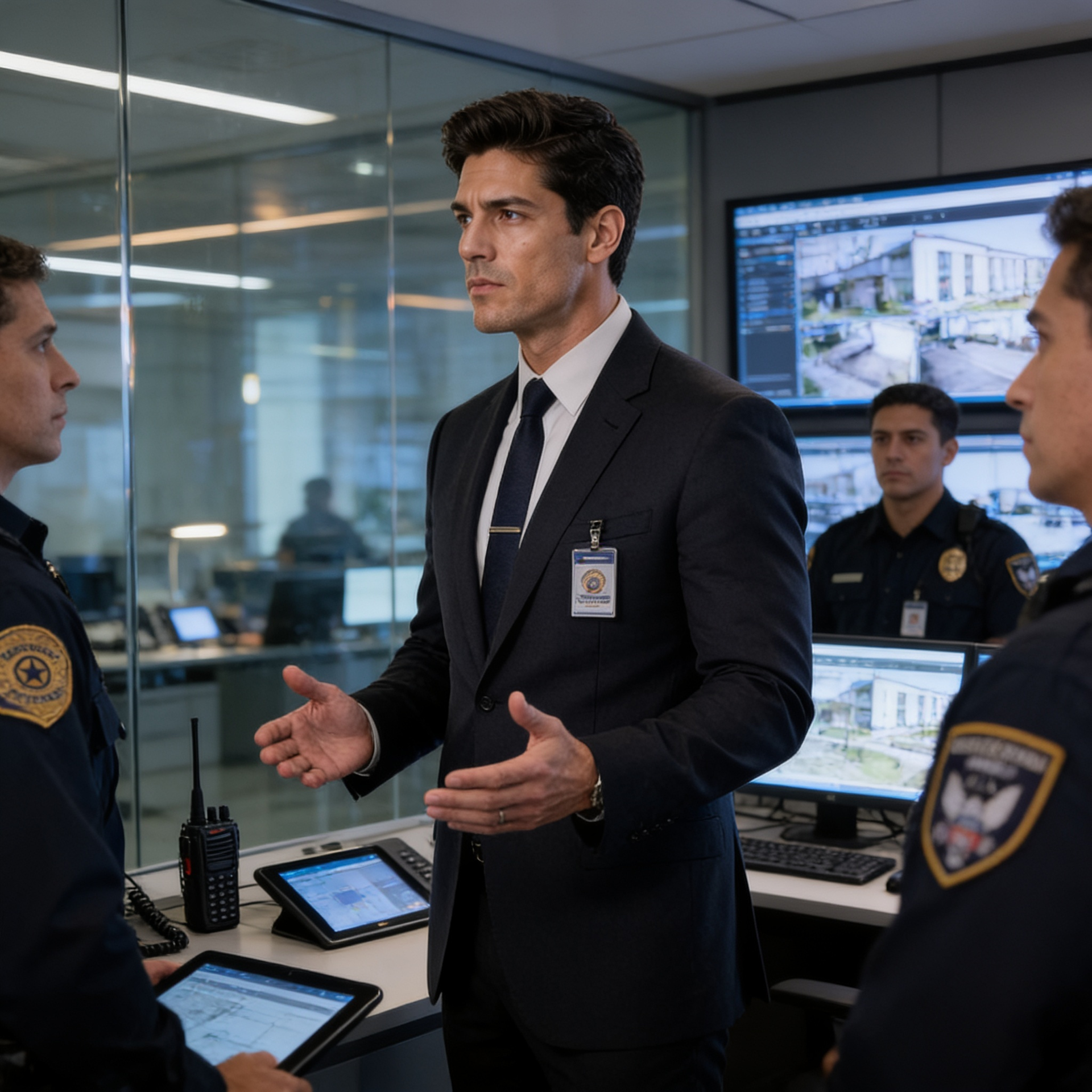 Man in a suit briefs uniformed officers in a modern police control room with monitors and tablets