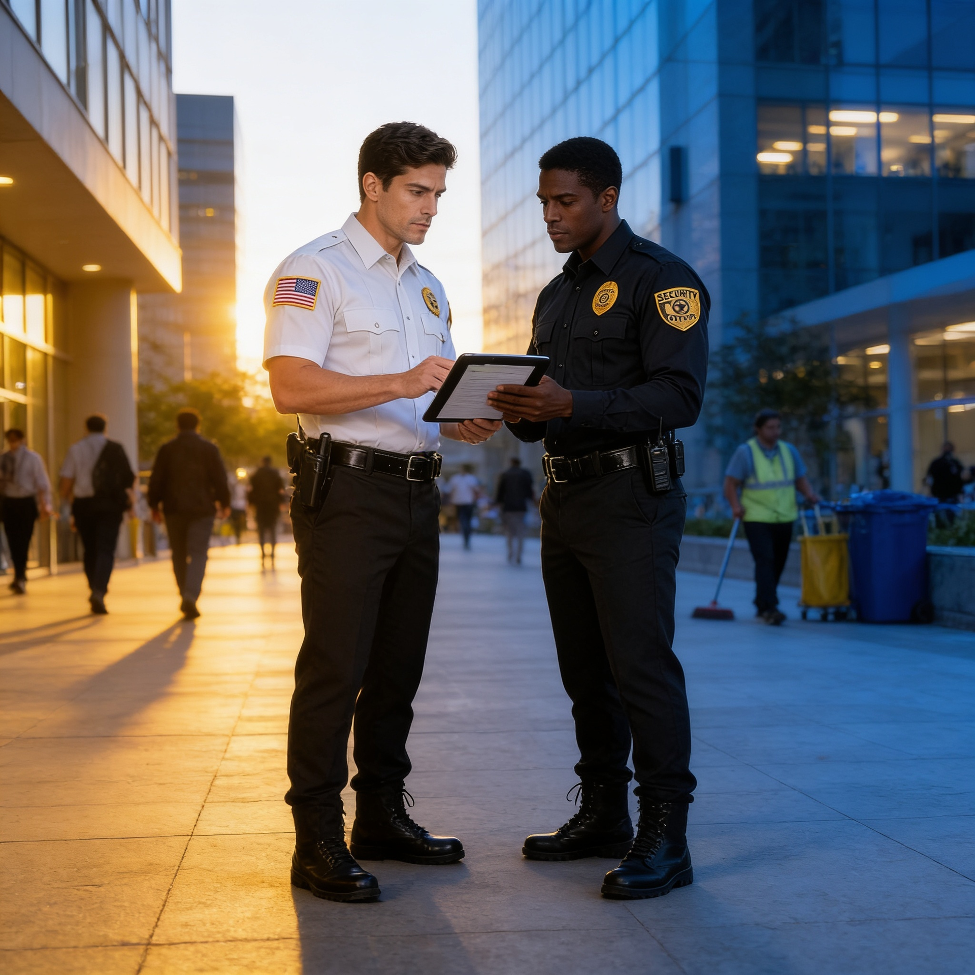 Two police officers review a tablet outside a glass office building at dusk.
