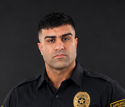 Portrait of a uniformed security officer against a dark background, wearing a black shirt with a gold badge