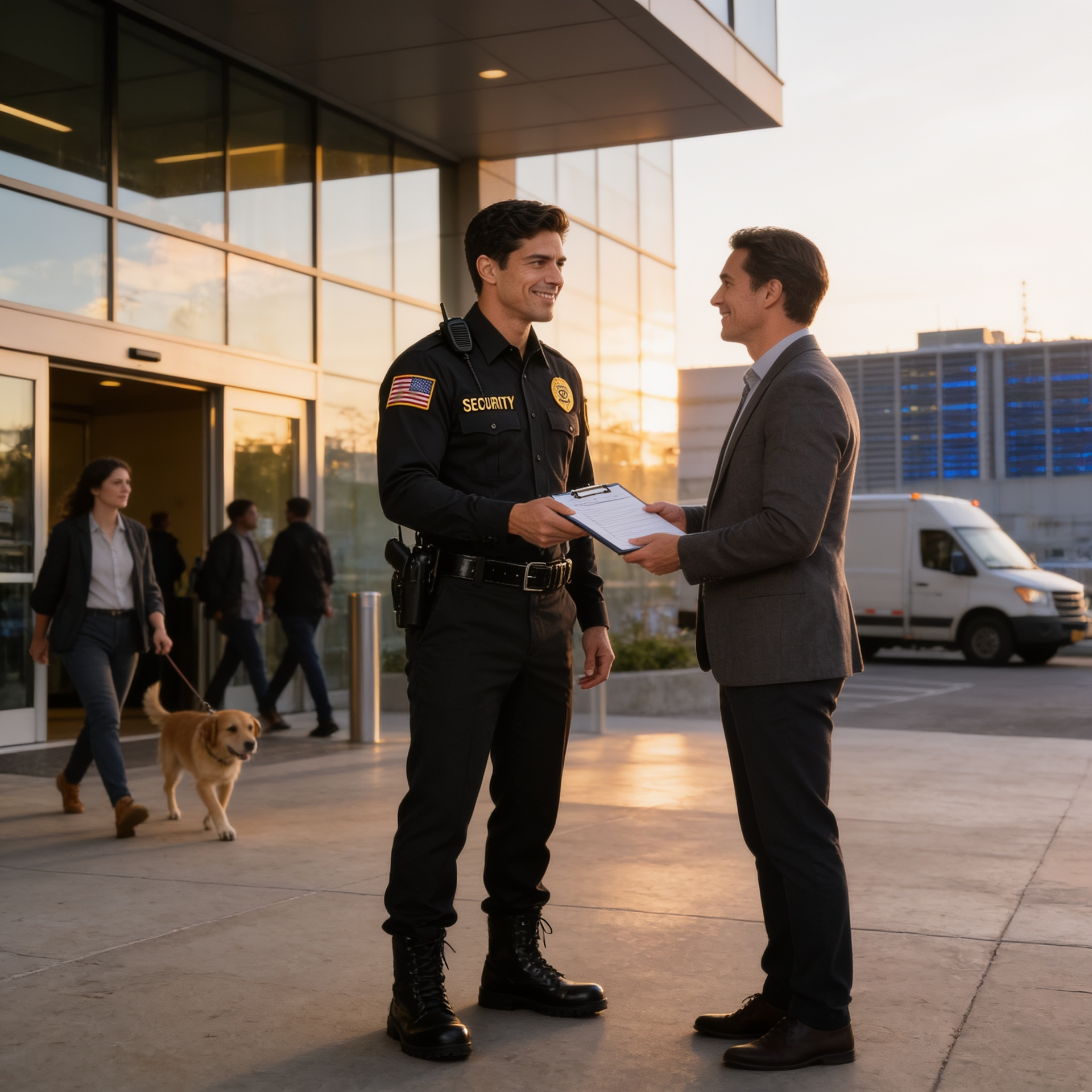 Police officer and businessman talking outside a modern building at sunset, with a dog and van in the background