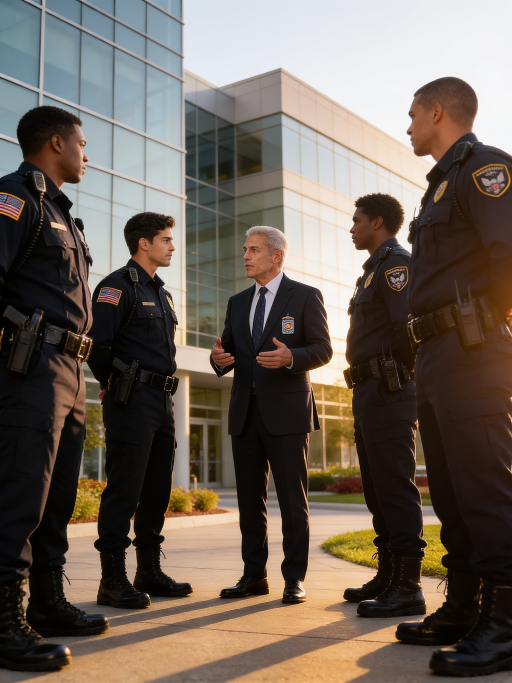 Five police officers standing in discussion outside a glass office building.
