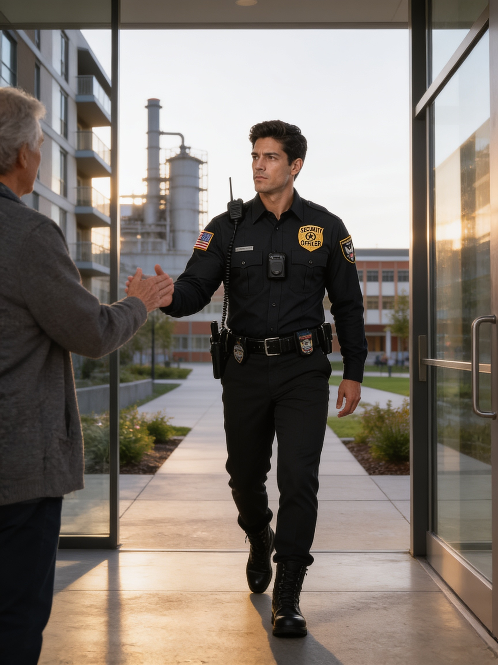 Police officer in black uniform walking into a glass-walled building, greeting a man at the doorway.
