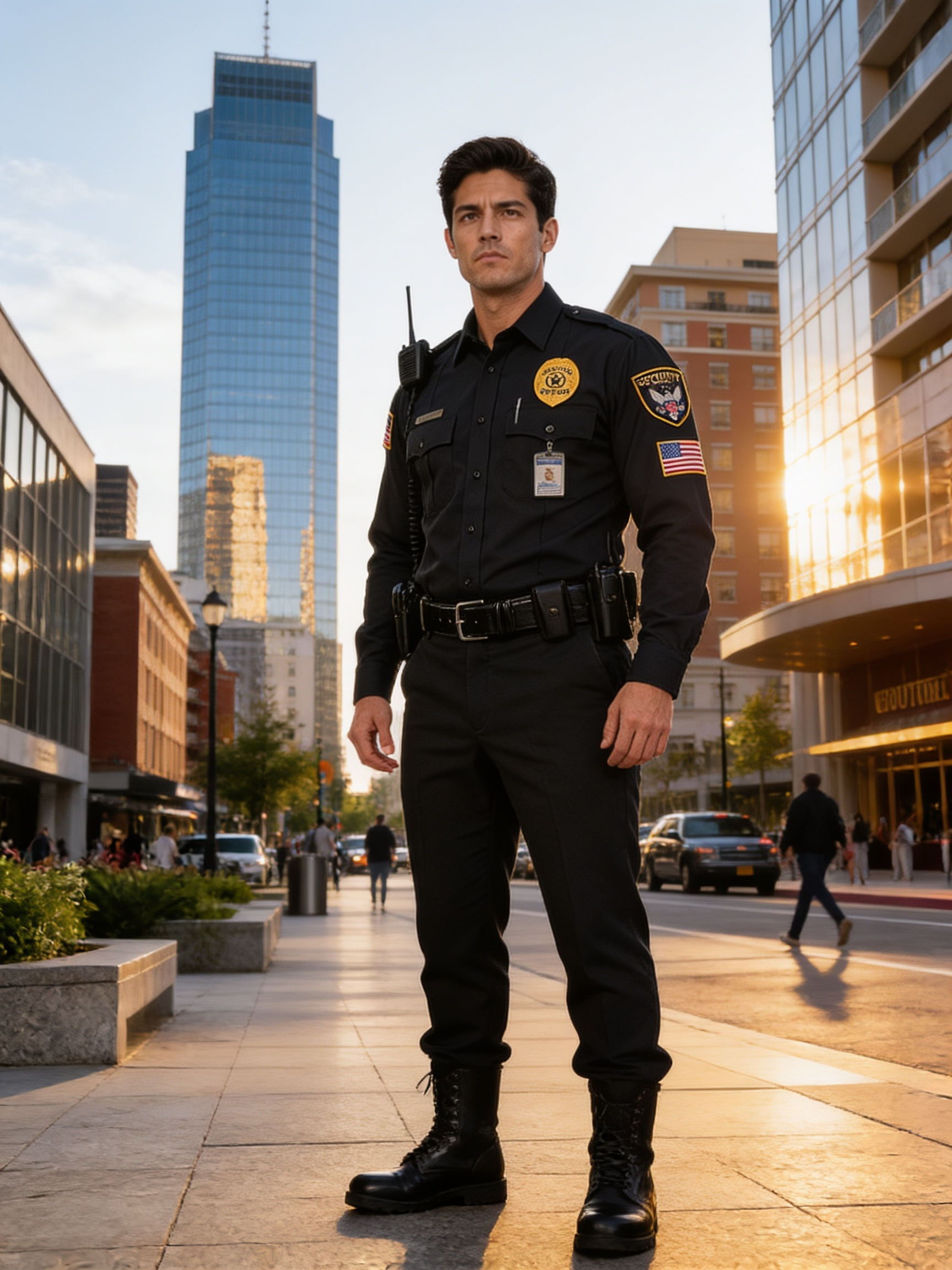 Police officer standing in a city street at sunset, with skyscrapers in the background.