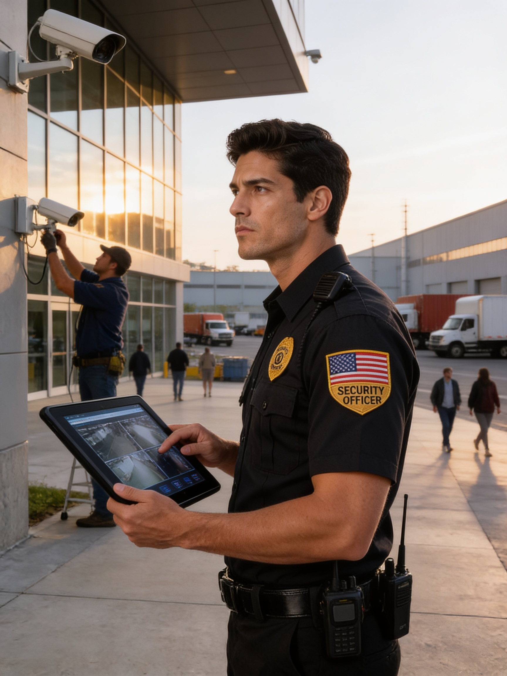 Uniformed officer using a tablet outside a building at sunset, with a U.S. flag patch on his sleeve