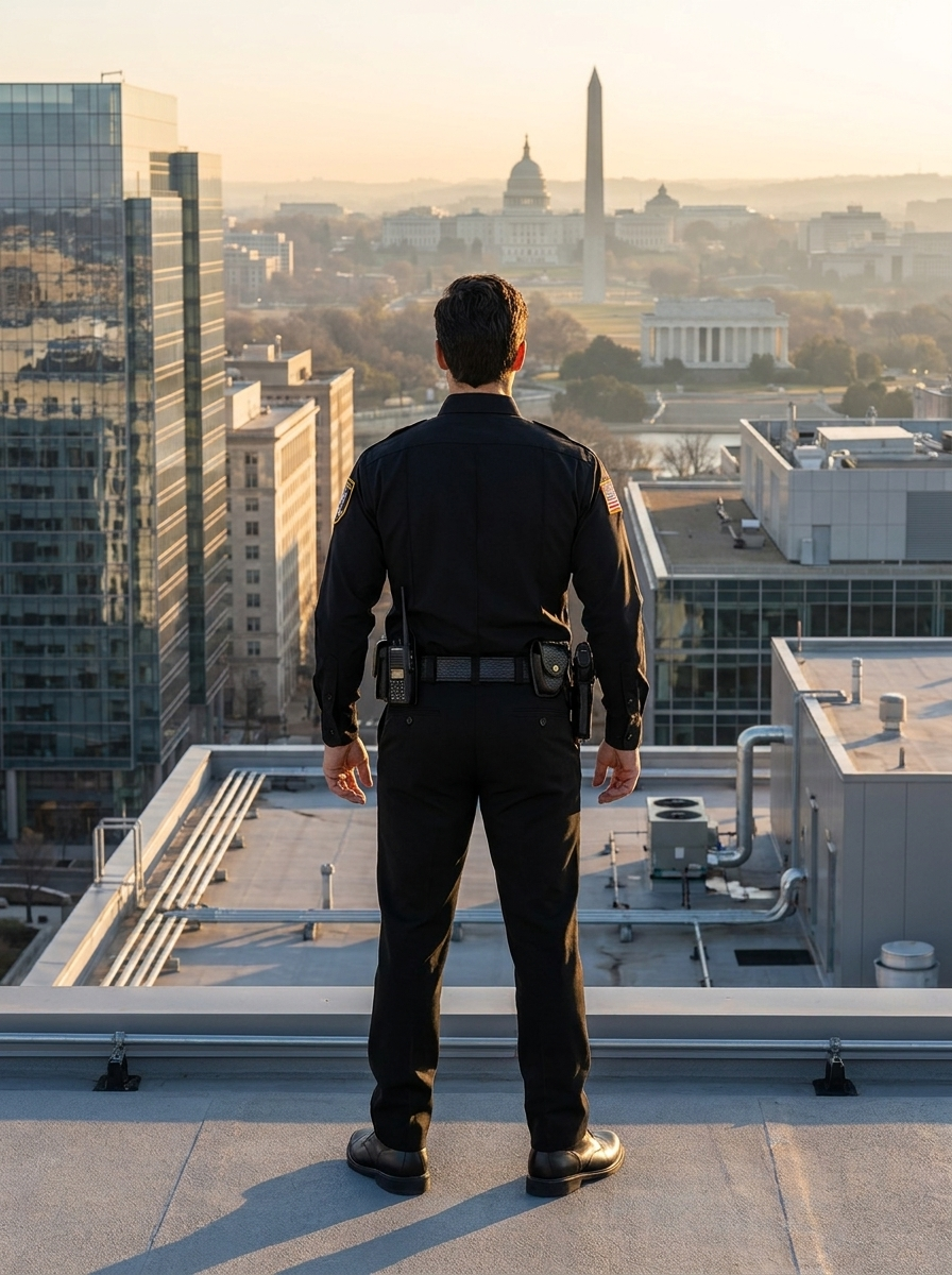 Person in black standing on a rooftop overlooking a city skyline at sunrise