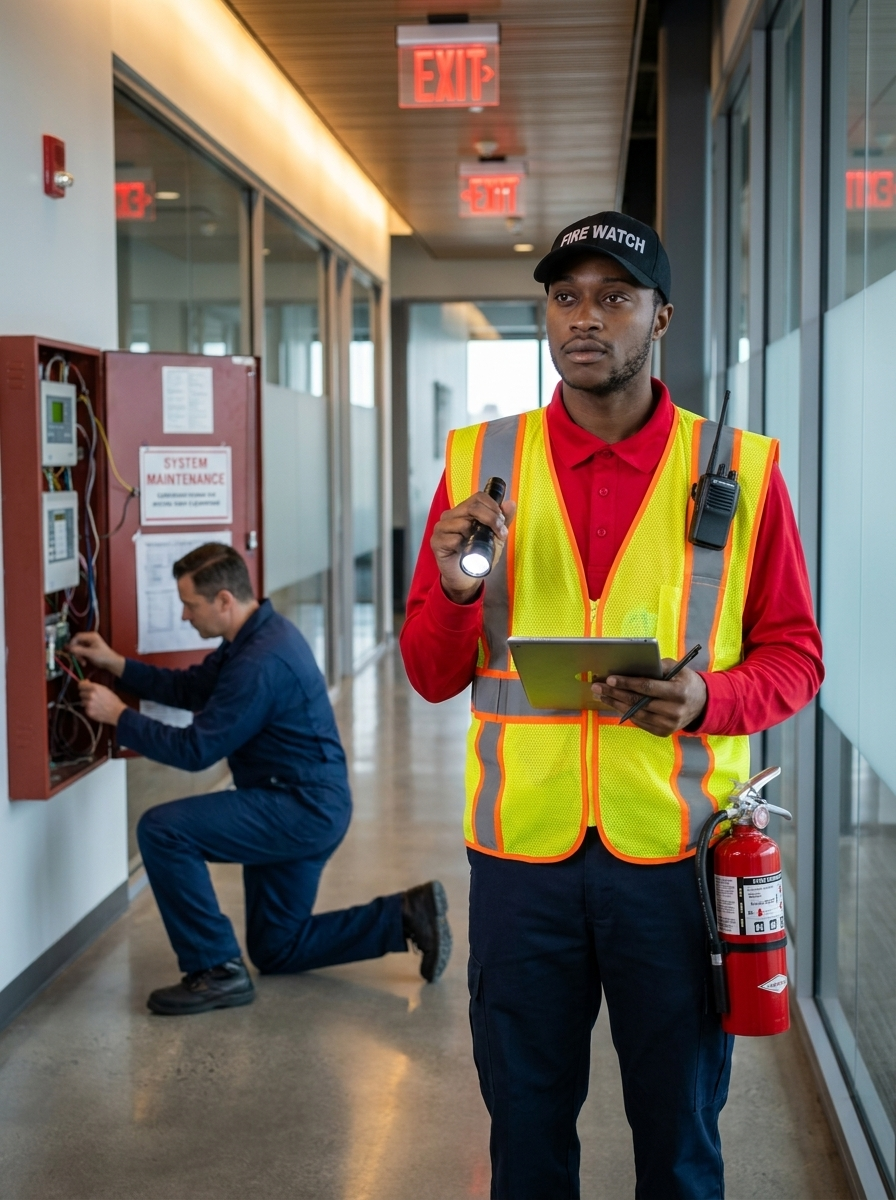 Security guard in yellow vest holding a tablet in a hallway while a technician works near a wall panel