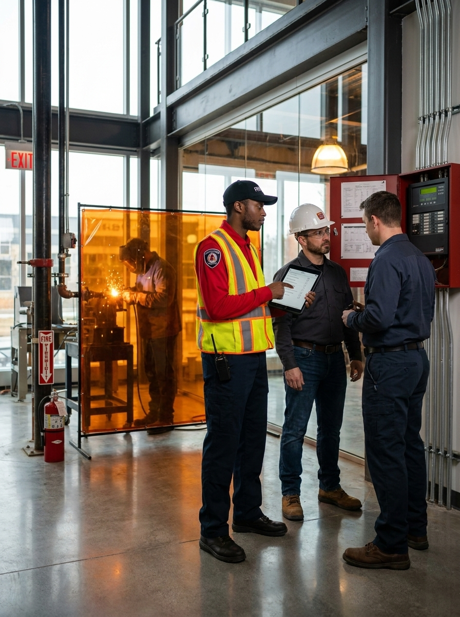 Three workers in safety gear talking inside an industrial facility.