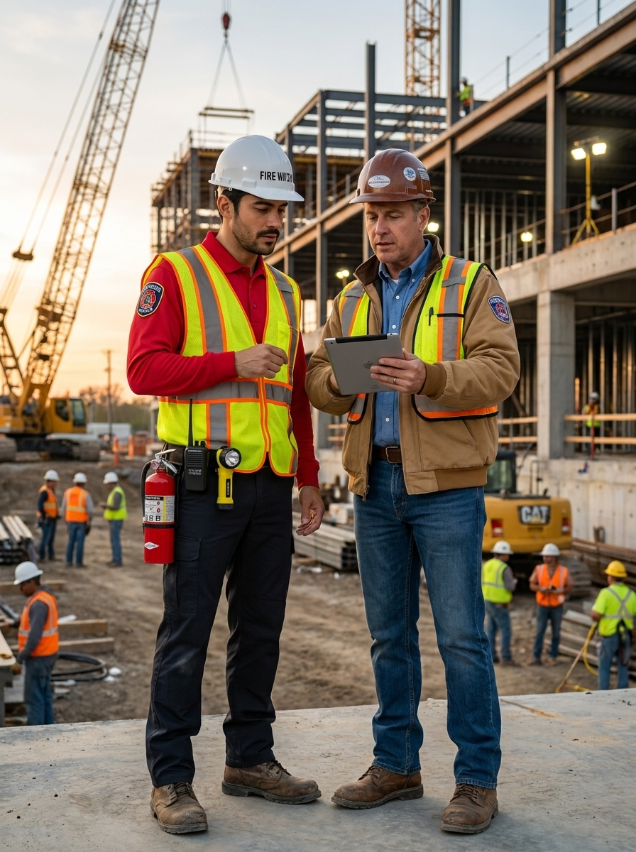 Two construction workers in safety vests and hard hats review plans on a tablet at a building site.