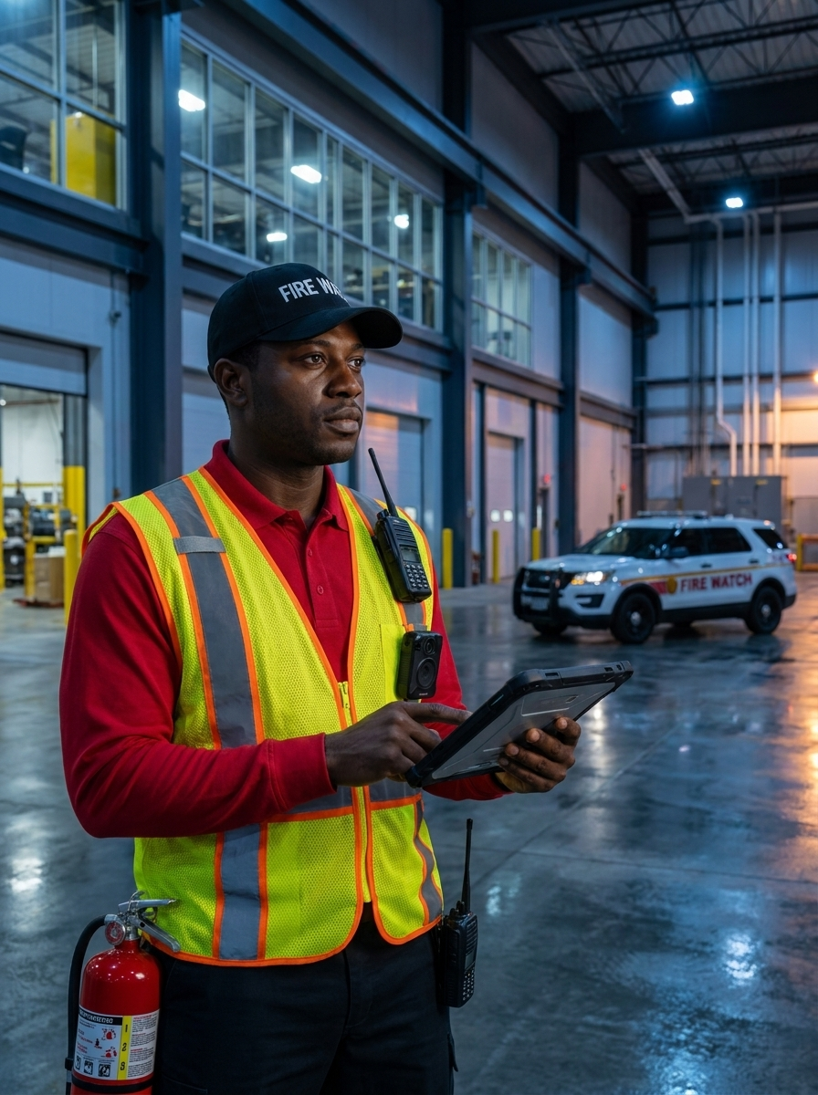 Warehouse worker in a reflective vest using a tablet beside a fire extinguisher in a wet industrial bay
