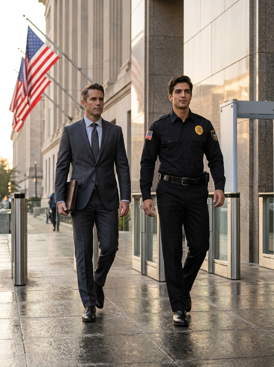 Two men in suits walking beside a security officer outside a modern building with an American flag.