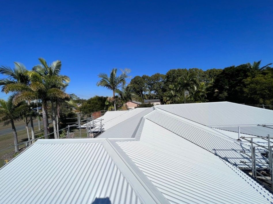 White Corrugated Metal Roof With Palm Trees and Blue Sky in Background — Rumara Roofing in Gympie, QLD