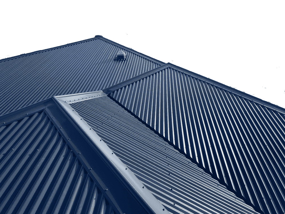 Dark Blue Corrugated Metal Roof on a Building, Angled View — Rumara Roofing in Sunshine Coast, QLD