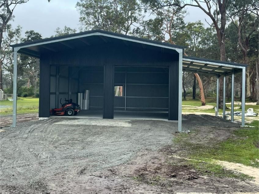 Dark Grey Metal Shed — Bridgey's Constructions in Bulahdelah, NSW