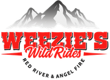 Weezie's Wild Rides logo: Red text on black outline, mountains in background. "Red River & Angel Fire" below.