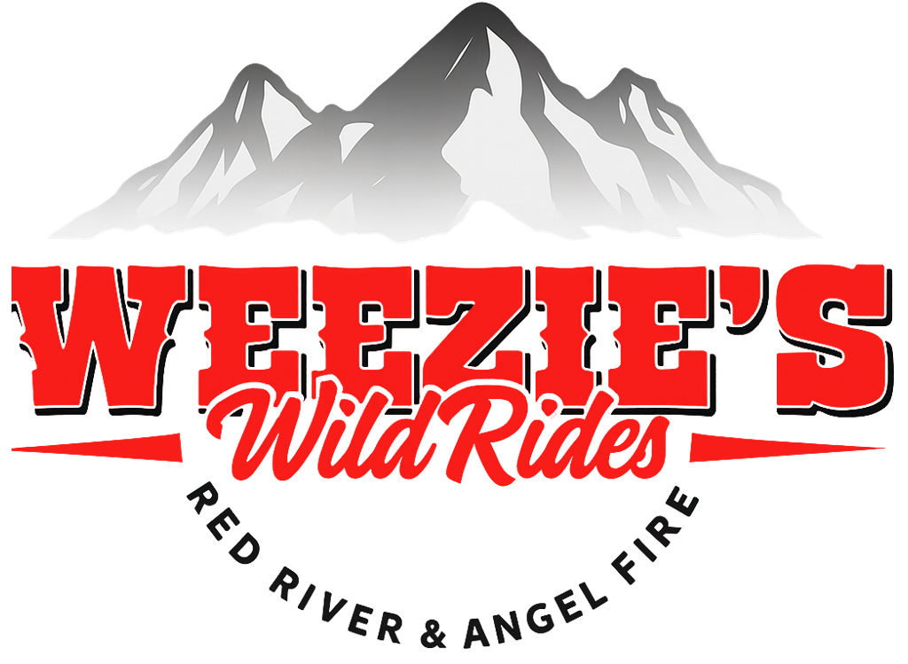 Weezie's Wild Rides logo: Red text on black outline, mountains in background. "Red River & Angel Fire" below.