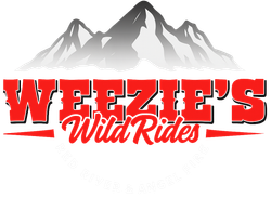 A logo for weezie 's wild rides with mountains in the background
