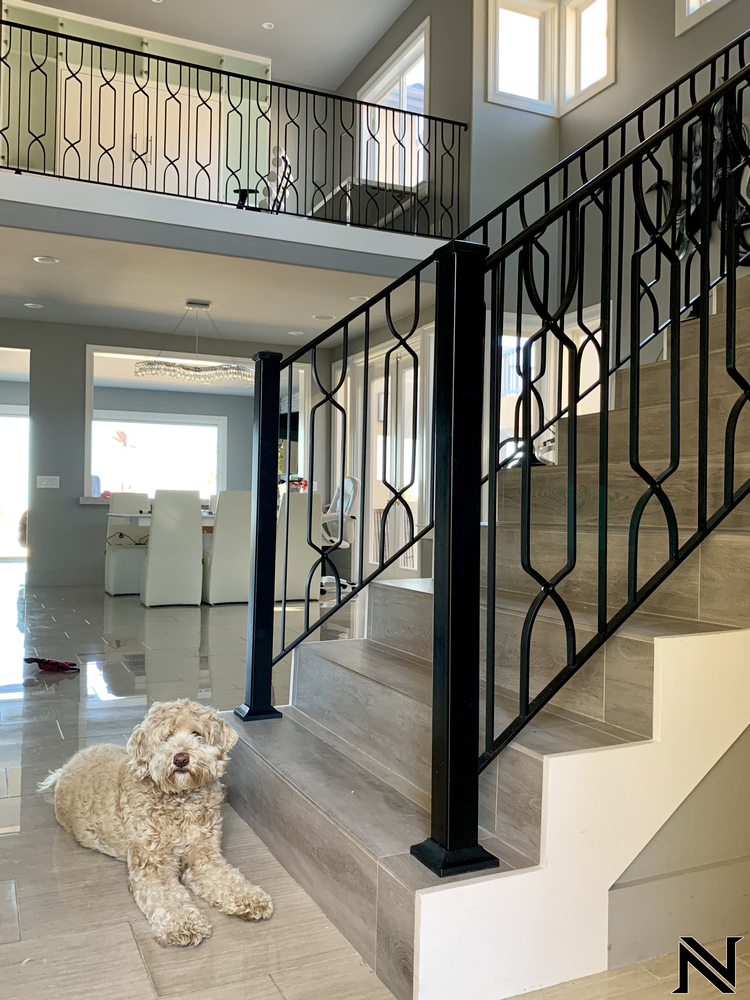 A dog is laying on the stairs next to a wrought iron railing.