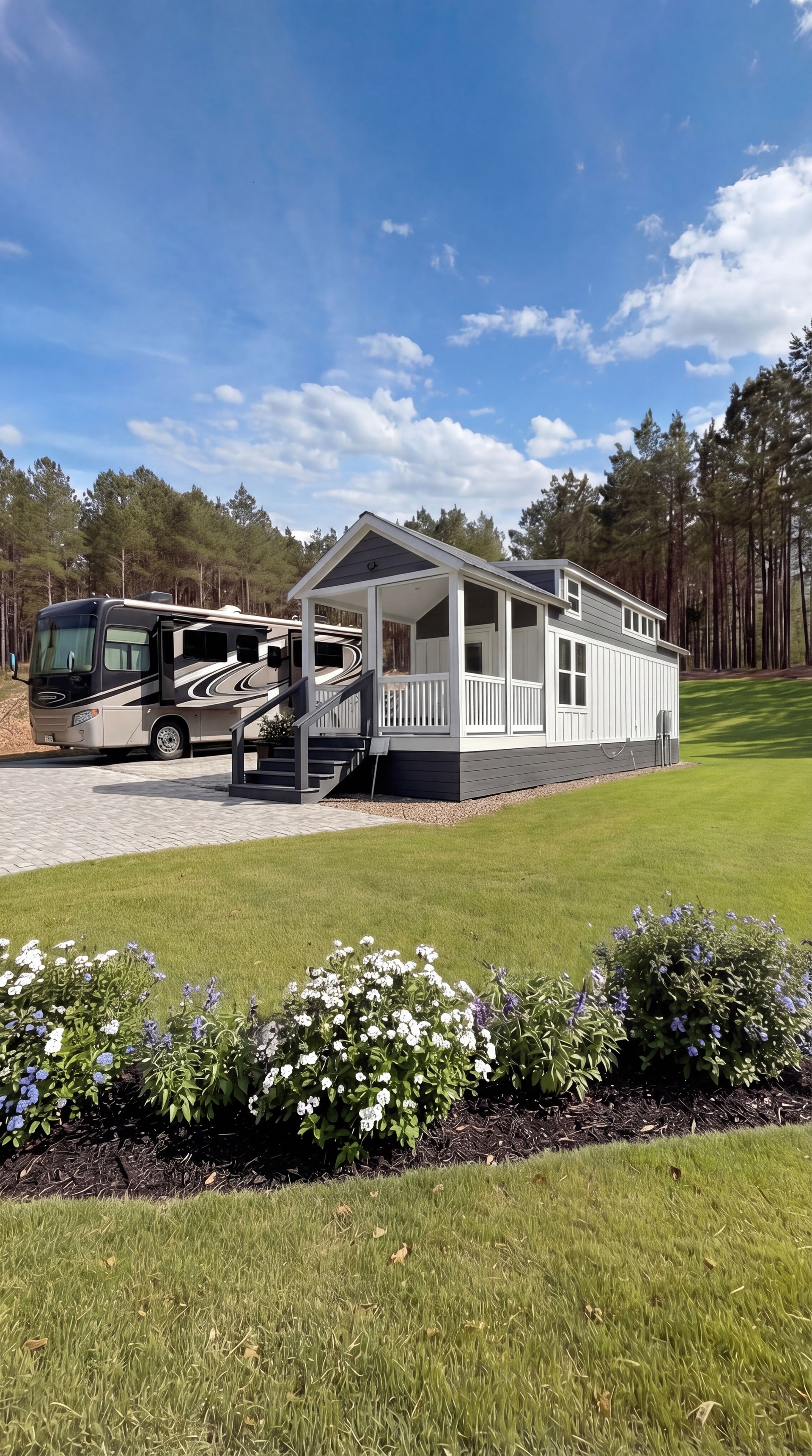 White tiny house on a gravel lot with a porch, set in a green field near trees under a blue sky.