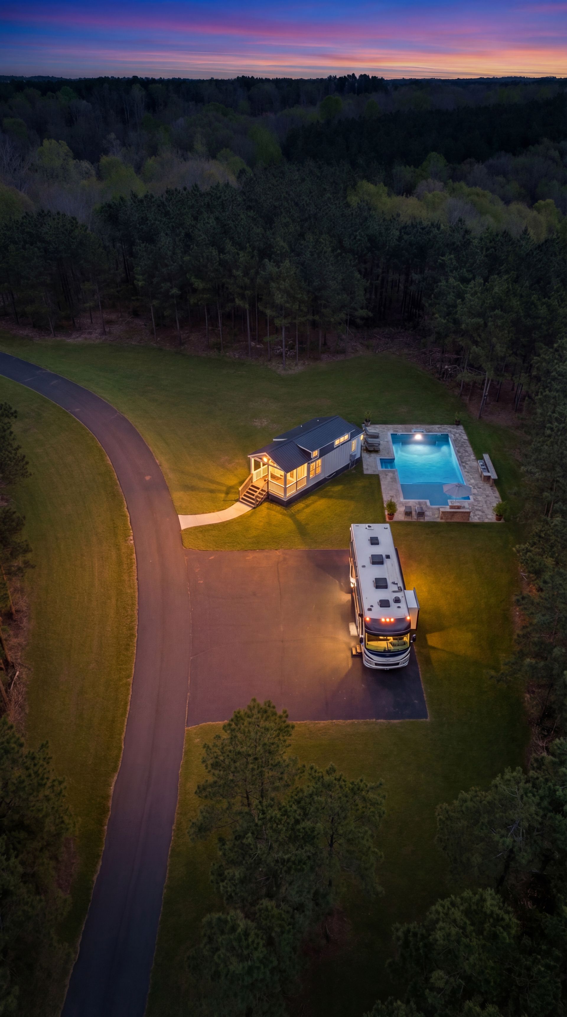 Aerial view of a lit RV parked by a blue-lit pool beside a curved road at dusk, surrounded by forest.