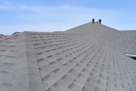 Gray shingled roof with two vents under a clear blue sky