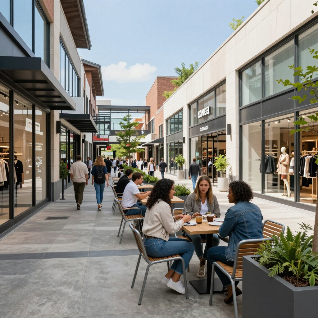 Outdoor shopping center with people walking and dining at tables. Sunny day.