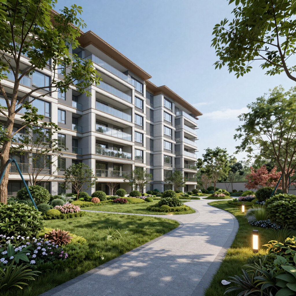 Modern apartment building with balconies, surrounded by landscaped gardens and a winding pathway.