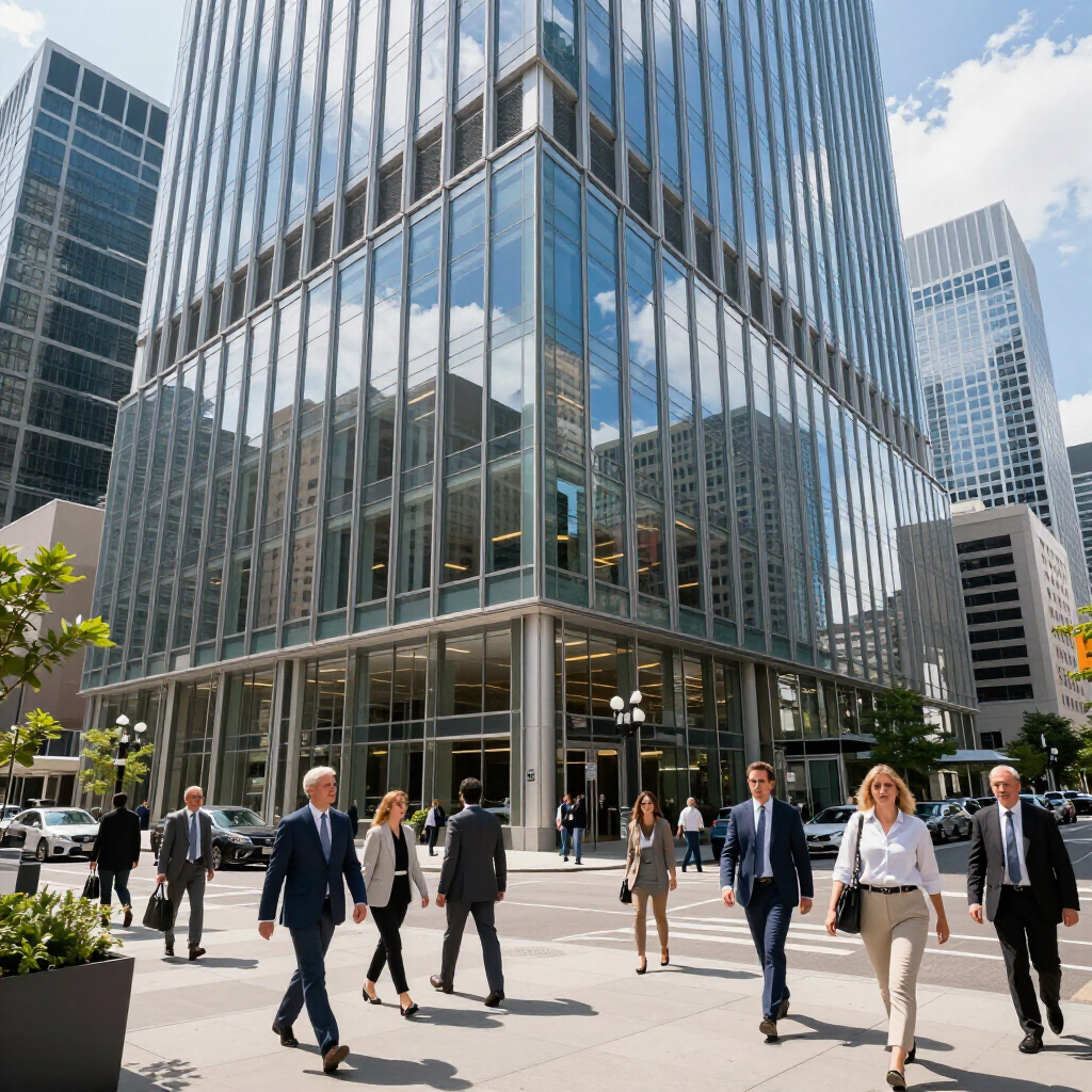 People in business attire walk in front of a modern glass skyscraper on a city street.