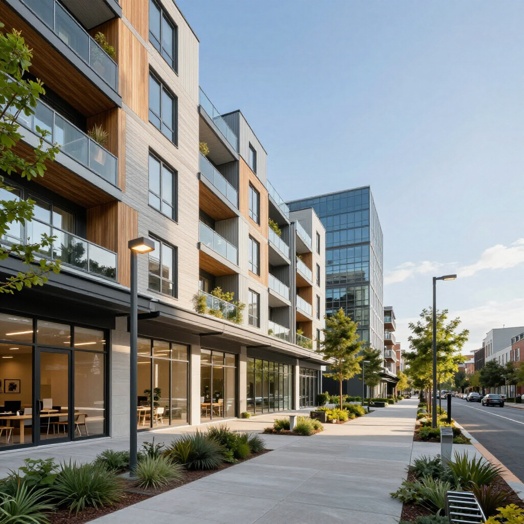 Modern apartment building with retail on the ground floor, street with trees, clear sky.