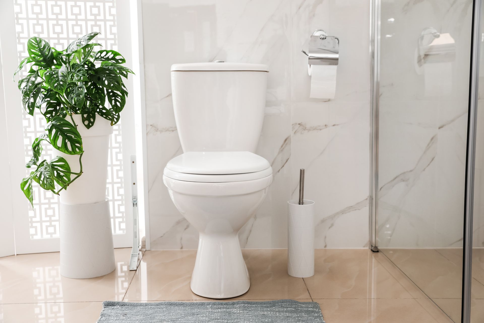A white toilet is sitting in a bathroom next to a plant.