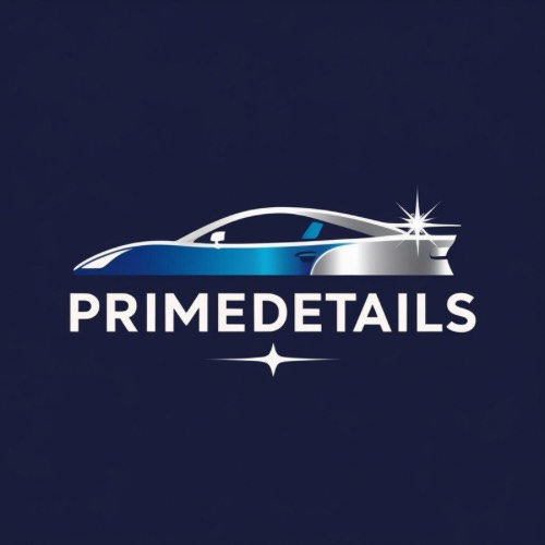 Logo voor PrimeDetails: blauw-zilveren autosilhouet met glanseffect en bedrijfsnaam op een donkerblauwe achtergrond.