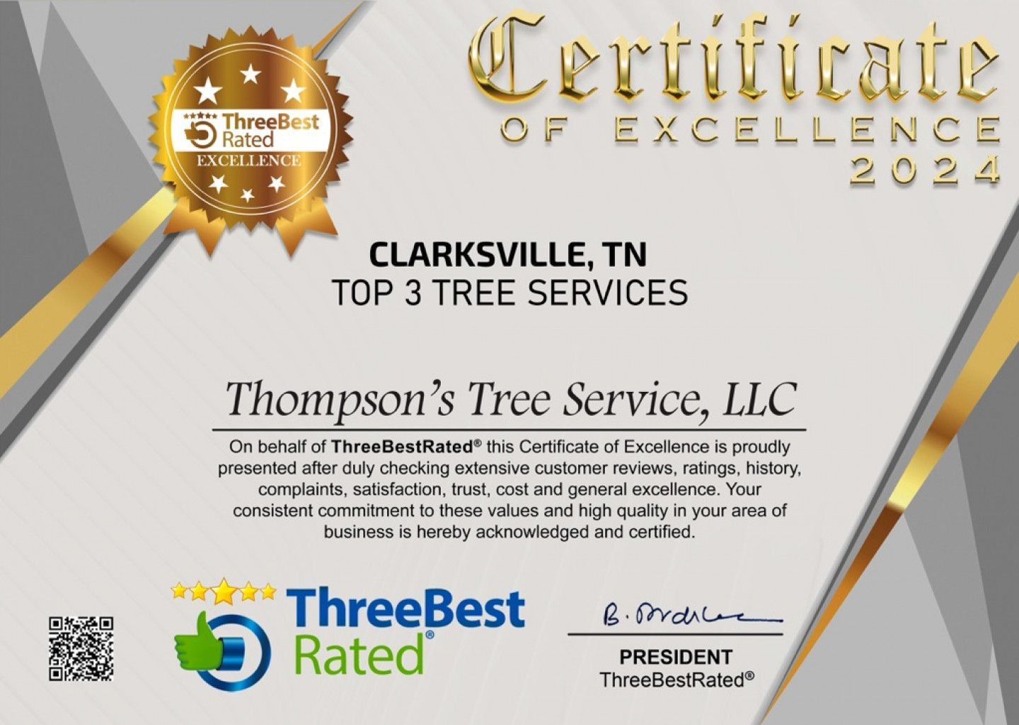 Certificate of Excellence for Thompson's Tree Service, LLC in Clarksville, TN, as a Top 3 Tree Service in 2024.