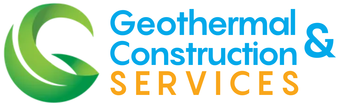 A logo featuring a green stylized "G" icon next to the blue text "Geothermal Construction" over orange text "SERVICES".