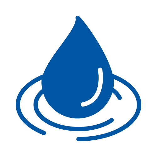 A dark blue icon featuring a water droplet centered above concentric, circular ripples.
