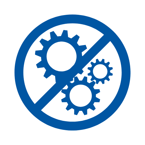 Blue circular prohibition sign featuring a gear icon crossed out with a diagonal line.