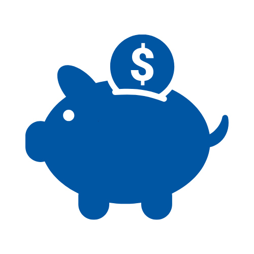 A simple blue icon of a piggy bank with a coin featuring a dollar sign symbol inserted into the slot on its back.