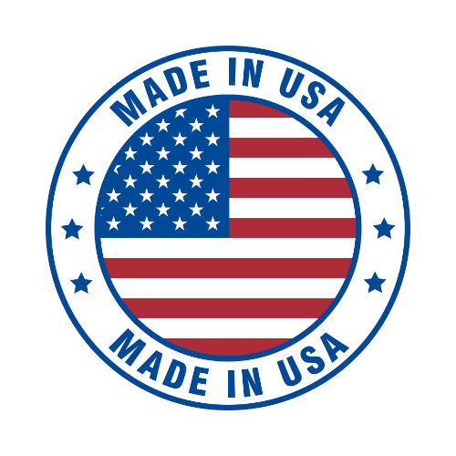 A blue-bordered circle containing the American flag, with the words 