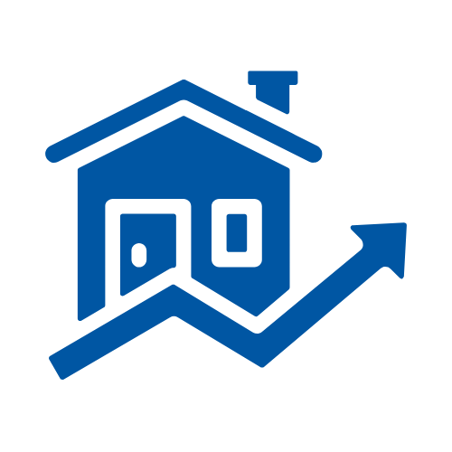 Blue icon of a house silhouette integrated with an upward-trending arrow.
