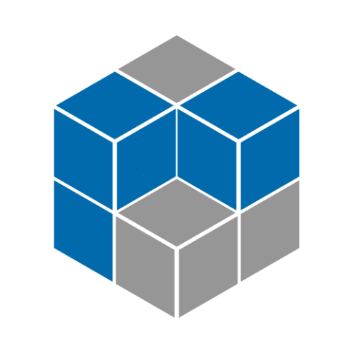 A hexagonal arrangement of seven cubes, featuring a geometric pattern of alternating blue and grey surfaces.