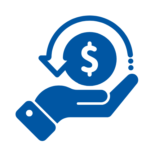 A blue icon featuring a hand holding a coin with a dollar sign, with a circular arrow pointing back to it.